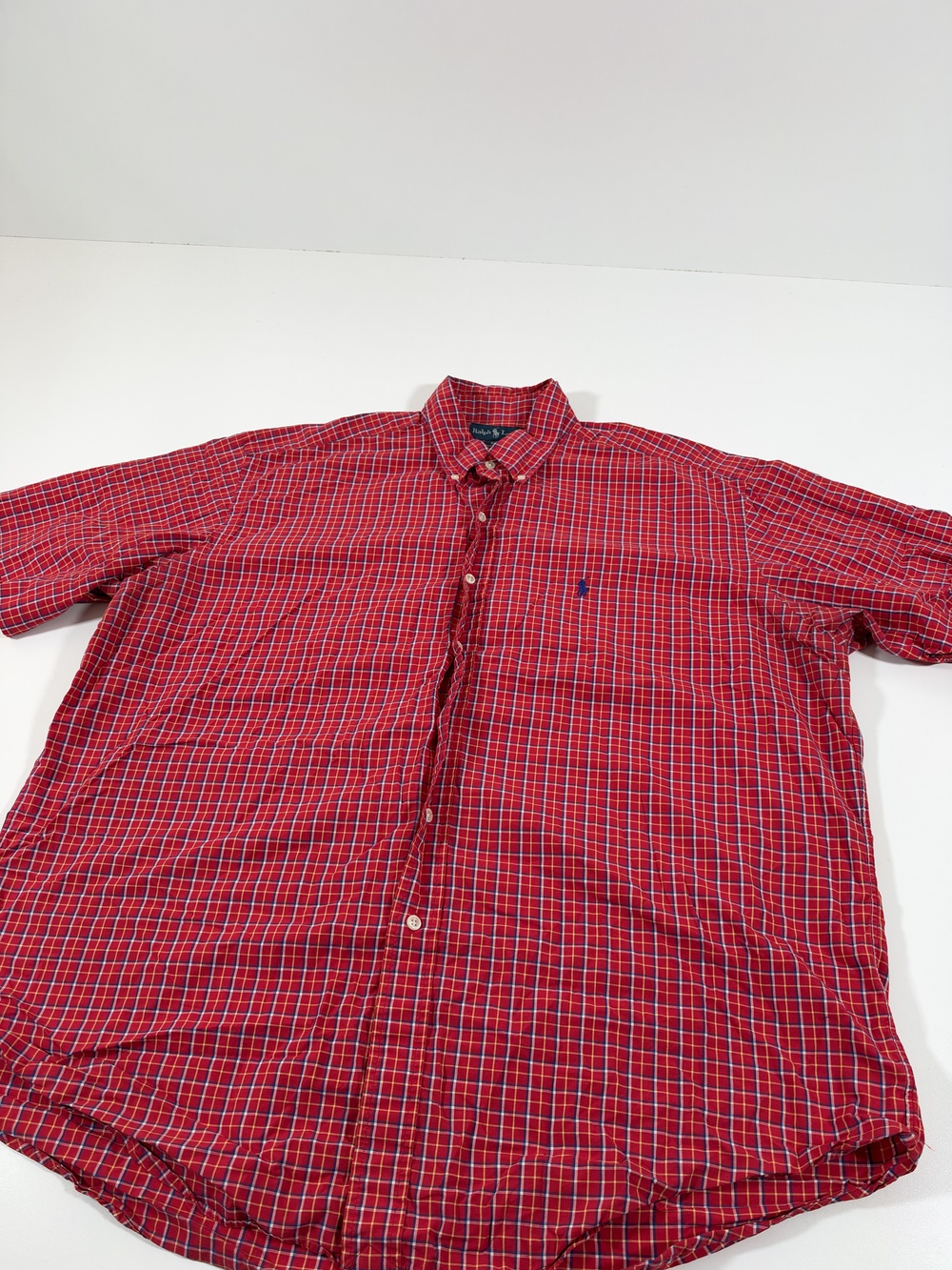 Ralph Lauren Blake Shirt Mens XL Red Check Cotton Button Down Short Sleeve Pony